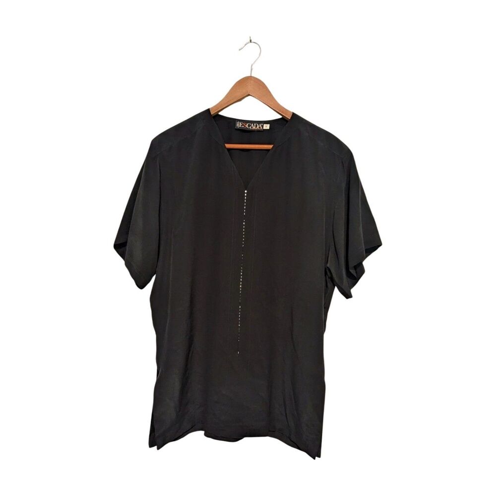 Escada Margaretha Ley Vintage Black Silk Rhinestone Blouse  L UK 38